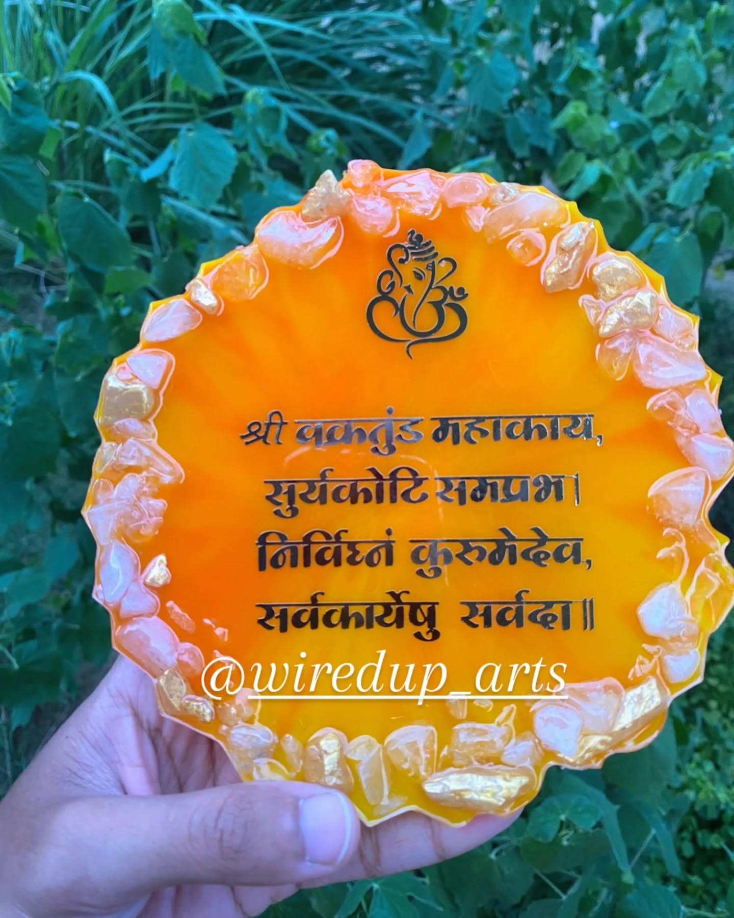 Ganesh mantra resin piece with gold-leaf edge